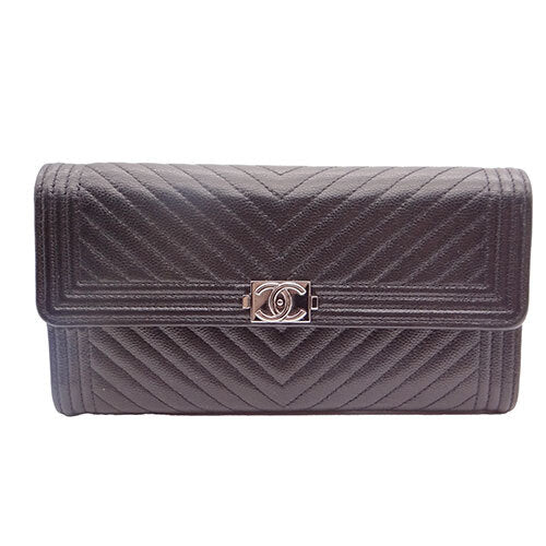 CHANEL Boy Chanel Long Women&#39;s Wallet Caviar Black/Silver Hardware