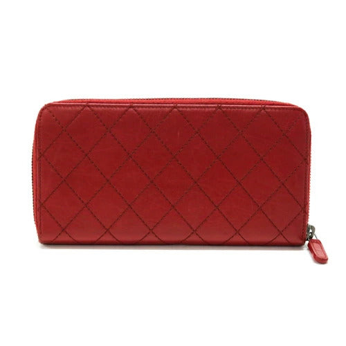 CHANEL Women&#39;s Wallet Wild Stitch Round Zipper Vintage Hardware Red