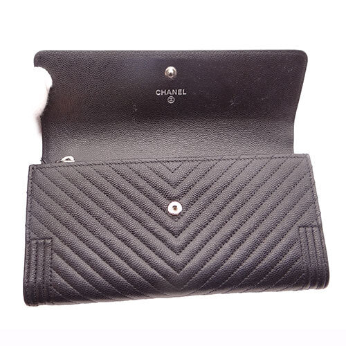 CHANEL Boy Chanel Long Women&#39;s Wallet Caviar Black/Silver Hardware