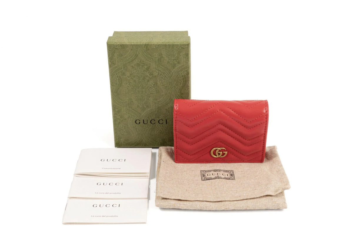 GUCCI GG Marmont Quilted Card Case Women&#39;s Wallet 466492 Chevron Red