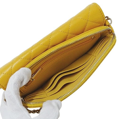 CHANEL Matelasse Women&#39;s Chain Wallet Caviar Skin Yellow/Gold Hardware