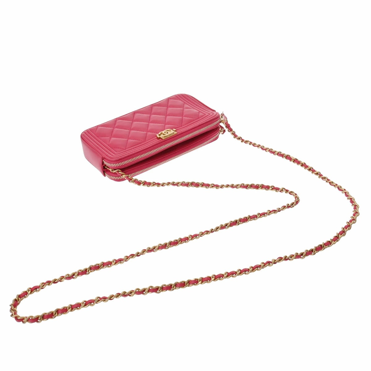 CHANEL Boy Women&#39;s Chain Wallet Pink Gold Hardware A84069 Lambskin