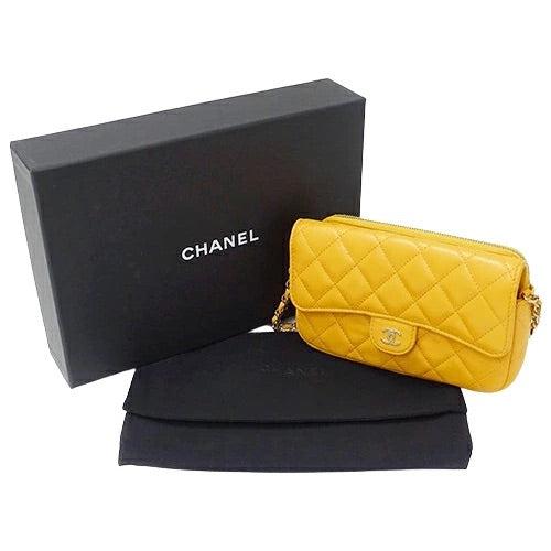 CHANEL Matelasse Women&#39;s Chain Wallet Caviar Skin Yellow/Gold Hardware