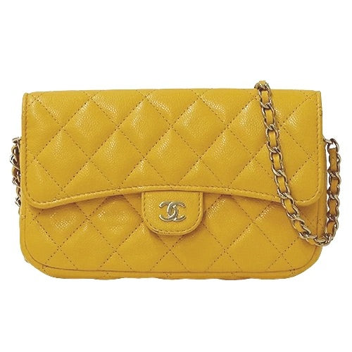 CHANEL Matelasse Women&#39;s Chain Wallet Caviar Skin Yellow/Gold Hardware