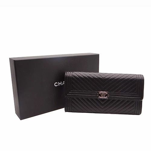 CHANEL Boy Chanel Long Women&#39;s Wallet Caviar Black/Silver Hardware