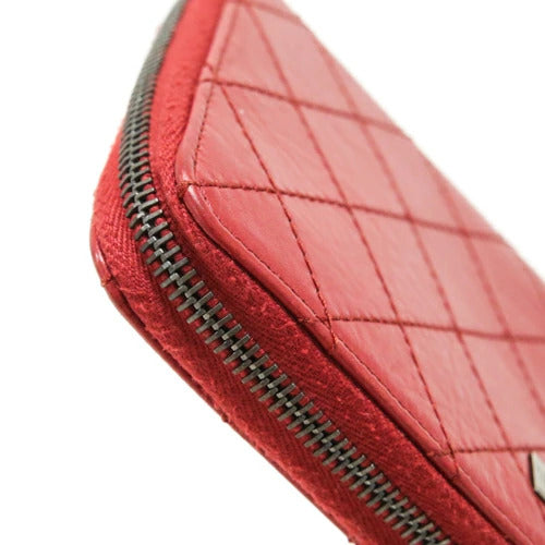 CHANEL Women&#39;s Wallet Wild Stitch Round Zipper Vintage Hardware Red