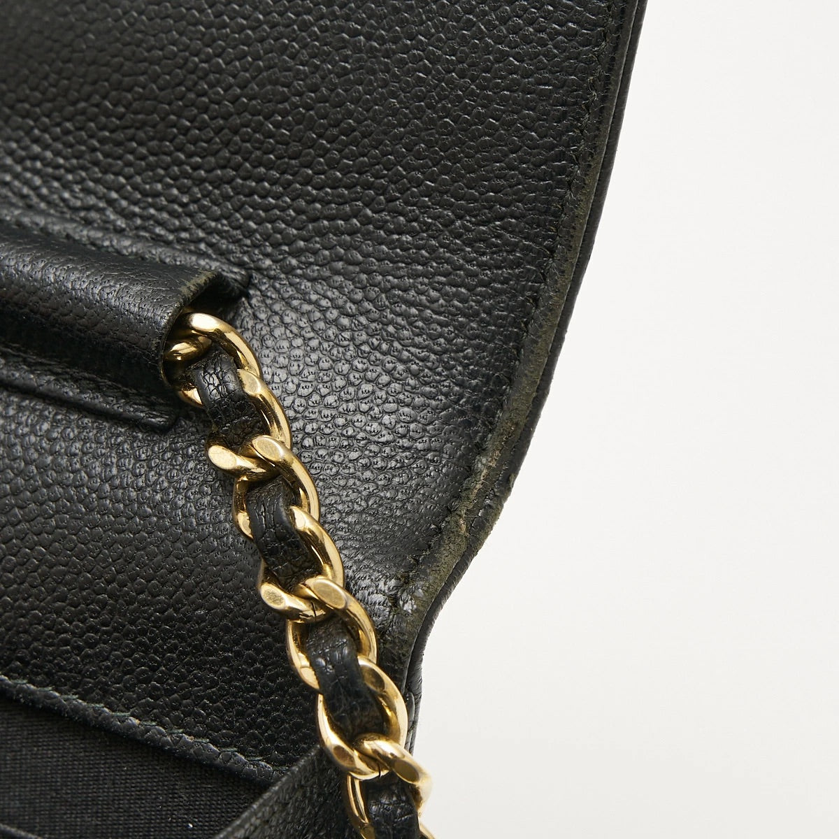 CHANEL Caviar Skin Boy Women&#39;s Chain Wallet Black Gold