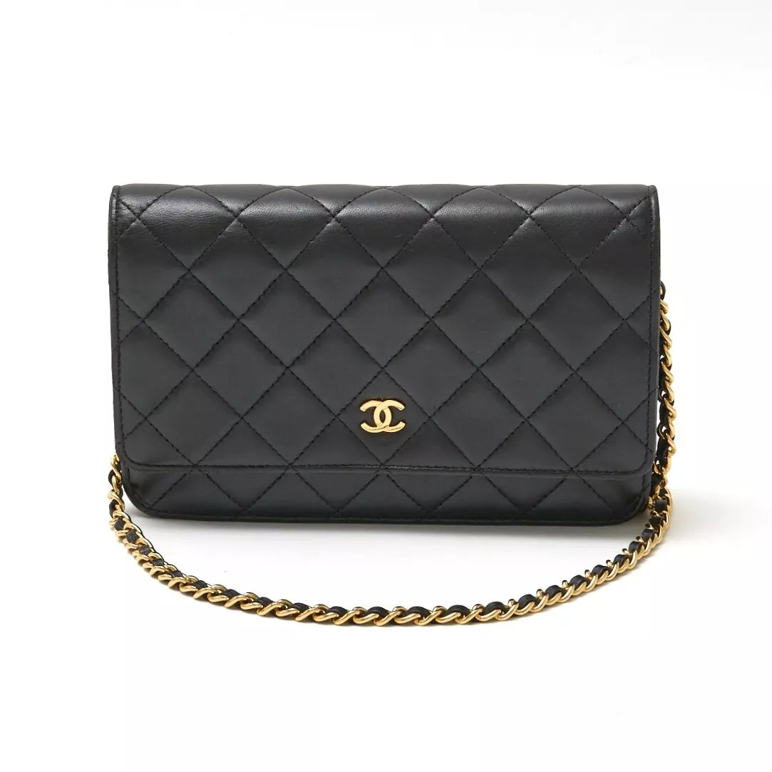 CHANEL Timeless Classic Matelasse Women&#39;s Chain Wallet AP0250 Black Lambskin