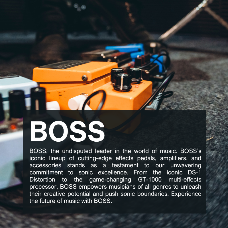 BOSS, the undisputed leader in the world of music. BOSS’s iconic lineup of cutting-edge effects pedals, amplifiers, and accessories stands as a testament to our unwavering commitment to sonic excellence. From the iconic DS-1 Distortion to the game-changing GT-1000 multi-effects processor, BOSS empowers musicians of all genres to unleash their creative potential and push sonic boundaries. Experience the future of music with BOSS.