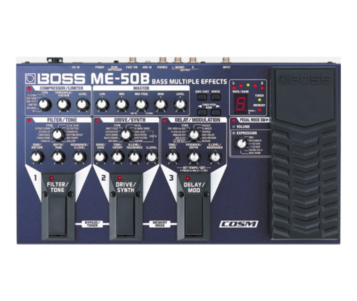 BOSS ME-50B Bass Multiple Effects Best Guitar Effects Pedal Compressor/Limiter, Master Filter/Tone, Drive/Synth, Delay/Modulation and Expression Pedal