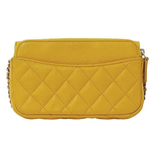 CHANEL Matelasse Women&#39;s Chain Wallet Caviar Skin Yellow/Gold Hardware