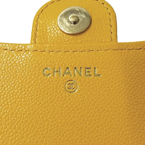 CHANEL Matelasse Women&#39;s Chain Wallet Caviar Skin Yellow/Gold Hardware